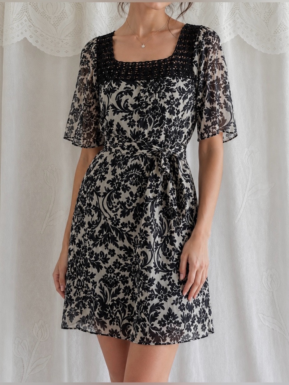 NWT Elegant Floral Dress with Beaded Neckline